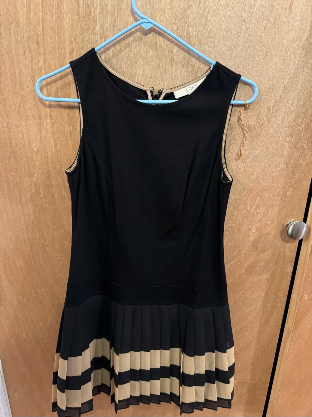 LOFT Black Dress with Cream Stripe Pleated Hem